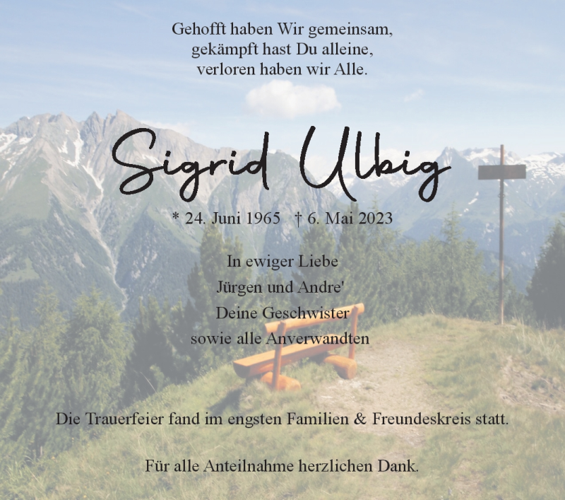  Traueranzeige für Sigrid Ulbig vom 20.05.2023 aus Frankenpost