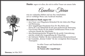 Traueranzeige von Anneliese Thran von Südthüringer Presse