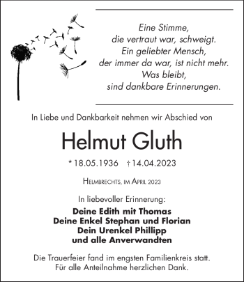 Traueranzeige von Helmut Gluth von Frankenpost