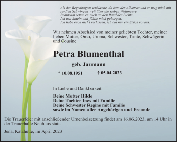 Traueranzeige von Petra Blumenthal von Südthüringer Presse