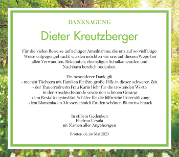 Traueranzeige von Dieter Kreutzberger von Südthüringer Presse