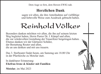 Traueranzeige von Reinhold Völker von Südthüringer Presse