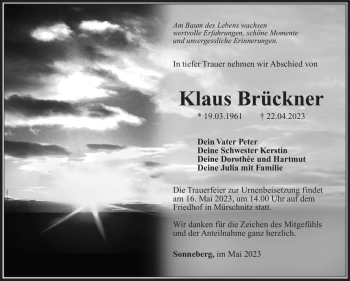 Traueranzeige von Klaus Brückner von Südthüringer Presse
