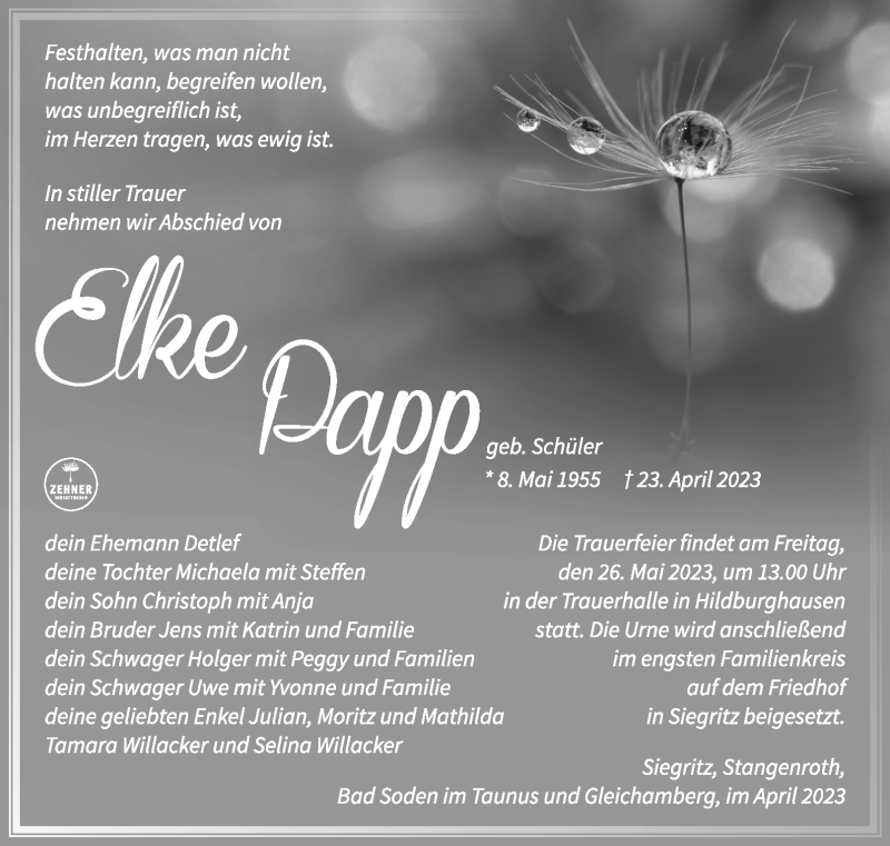  Traueranzeige für Elke Papp vom 20.05.2023 aus Südthüringer Presse