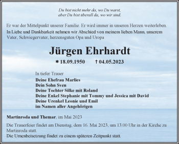 Traueranzeige von Jürgen Erhardt von Südthüringer Presse