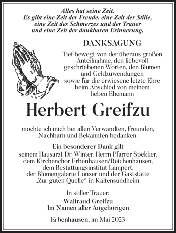 Traueranzeige von Herbert Greifzu von Südthüringer Presse