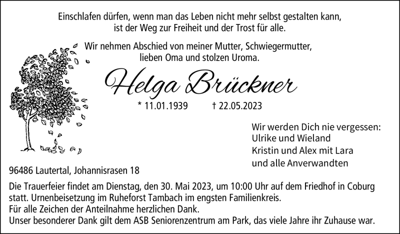  Traueranzeige für Helga Brückner vom 25.05.2023 aus Neue Presse Coburg