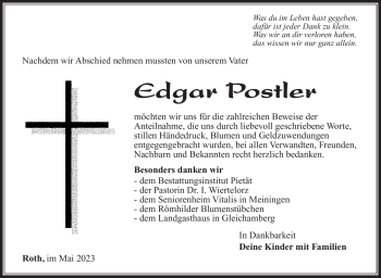 Traueranzeige von Edgar Postler von Südthüringer Presse