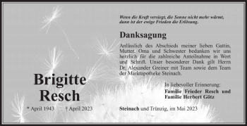 Traueranzeige von Brigitte Resch von Südthüringer Presse