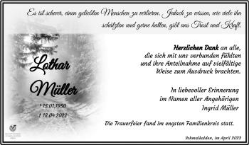 Traueranzeige von Lothar Müller von Südthüringer Presse