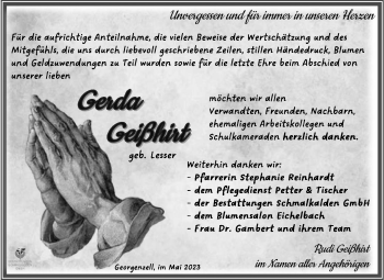 Traueranzeige von Gerda Geißhirt von Südthüringer Presse