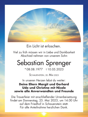 Traueranzeige von Sebastian Sprenger von Frankenpost
