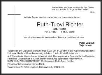 Traueranzeige von Ruth-Tuovi Richter von Frankenpost