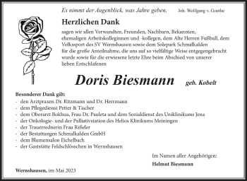 Traueranzeige von Doris Biesmann von Südthüringer Presse