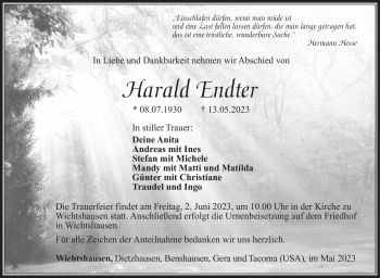 Traueranzeige von Harald Endter von Südthüringer Presse