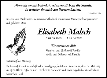 Traueranzeige von Elisabeth Malsch von Neue Presse Coburg