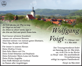 Traueranzeige von Wolfgang Voigt von Südthüringer Presse