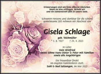 Traueranzeige von Gisela Schlage von Südthüringer Presse