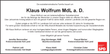 Traueranzeige von Klaus Wolfrum von Frankenpost