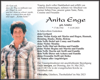 Traueranzeige von Anita Enge von Südthüringer Presse