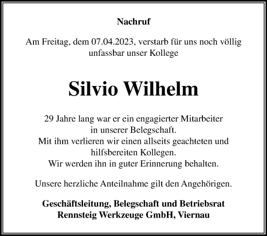 Traueranzeige von Silvio Wilhelm von Südthüringer Presse