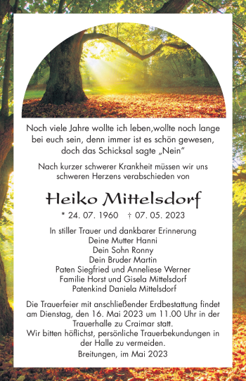 Traueranzeige von Heiko Mittelsdorf von Südthüringer Presse