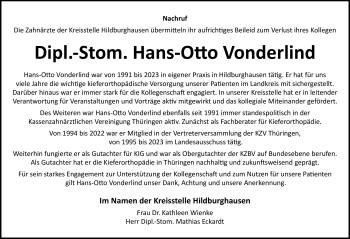Traueranzeige von Hans-Otto Vonderlind von Südthüringer Presse