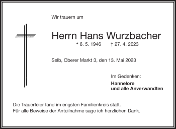 Traueranzeige von Hans Wurzbacher von Frankenpost