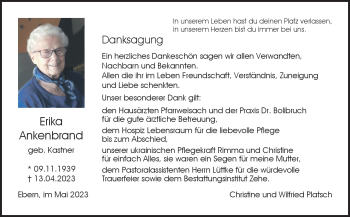 Traueranzeige von Erika Ankenbrand von Neue Presse Coburg