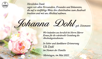 Traueranzeige von Johanna Dohl von Südthüringer Presse
