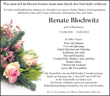 Traueranzeige von Renate Blochwitz von Südthüringer Presse
