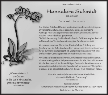 Traueranzeige von Hannelore Schmidt von Südthüringer Presse