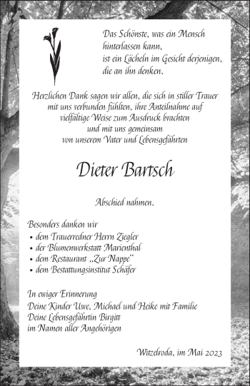 Traueranzeige von Dieter Bartsch von Südthüringer Presse