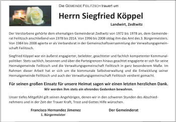 Traueranzeige von Siegfried Köppel von Frankenpost