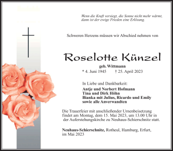 Traueranzeige von Roselotte Künzel von Südthüringer Presse