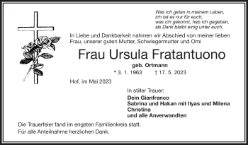 Traueranzeige von Ursula Fratantuono von Frankenpost