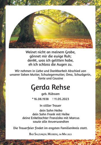 Traueranzeige von Gerda Rehse von Südthüringer Presse