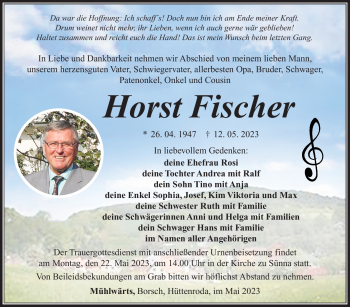 Traueranzeige von Horst Fischer von Südthüringer Presse