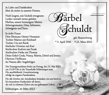 Traueranzeige von Bärbel Schuldt von Südthüringer Presse