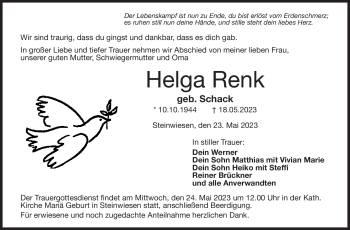 Traueranzeige von Helga Renk von Neue Presse Coburg