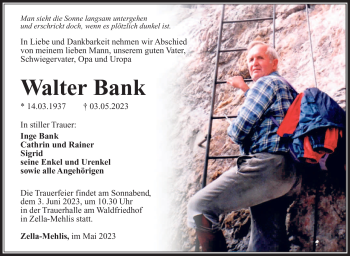 Traueranzeige von Walter Bank von Südthüringer Presse