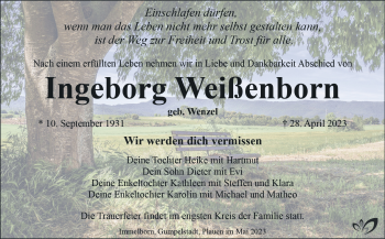 Traueranzeige von Ingeborg Weißenborn von Südthüringer Presse