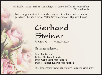 Traueranzeige von Gerhard Steiner von Südthüringer Presse