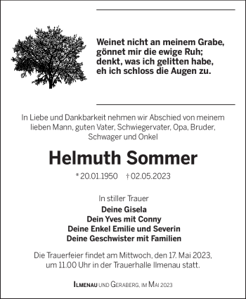 Traueranzeige von Helmuth Sommer von Südthüringer Presse