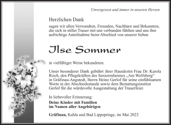 Traueranzeige von Ilse Sommer von Südthüringer Presse
