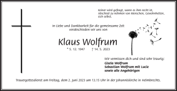 Traueranzeige von Klaus Wolfrum von Frankenpost