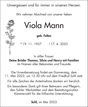 Traueranzeige von Viola Mann von Südthüringer Presse