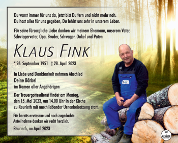 Traueranzeige von Klaus Fink von Südthüringer Presse
