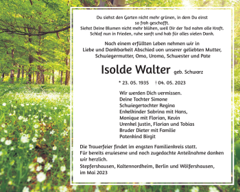 Traueranzeige von Isolde Walter von Südthüringer Presse