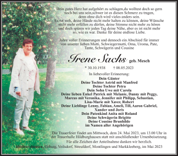 Traueranzeige von Irene Sachs von Südthüringer Presse
